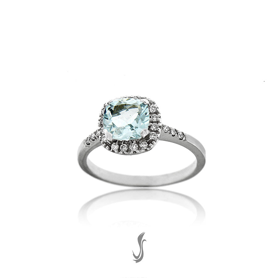 anello acquamarina e diamanti in oro bianco 750°°°