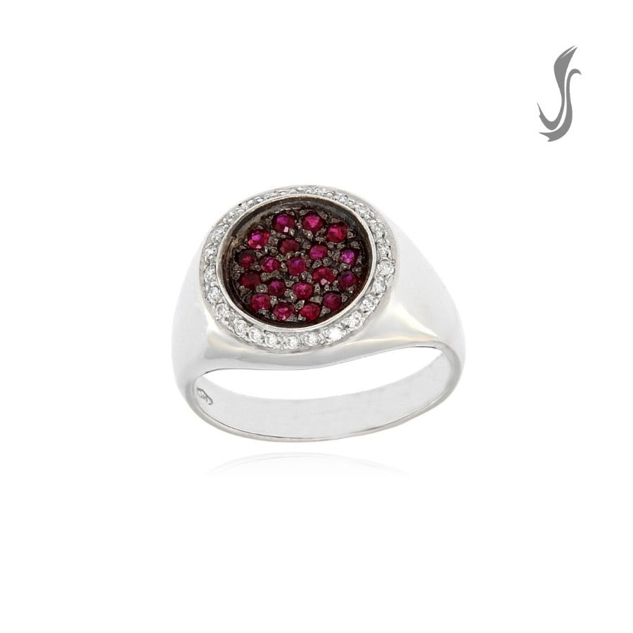 anello in oro bianco con rubini e diamanti