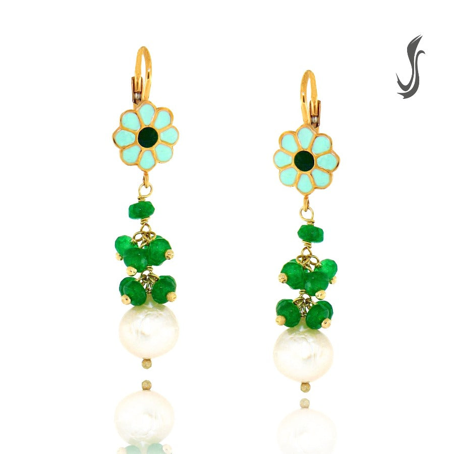 Orecchini A Fiore Margherita Con Cristallo E Perla Vetro - Tono Argento, Smalto Viola, 20 Mm