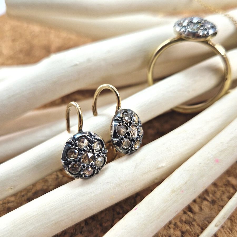 orecchini toppa piccoli stile antico oro, argento e diamanti